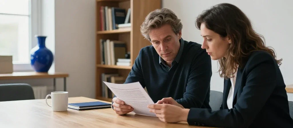 Deux collaborateurs échangent sur un dossier dans un bureau lumineux pour illustrer un conseil professionnel.
